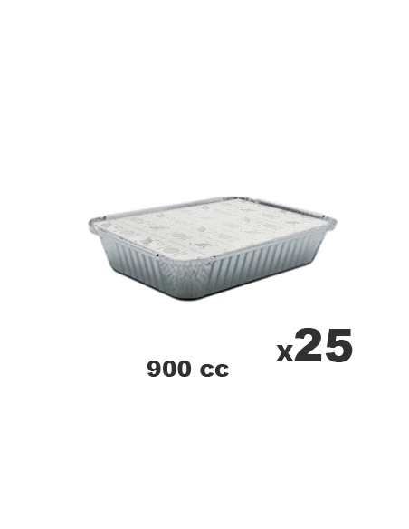 >> Pack de 25 Tarrinas Aluminio + Tapas - CLEAR PACK - Rectangular -  900 cc