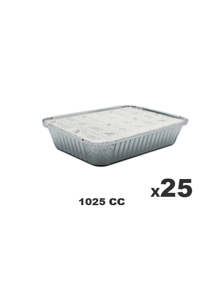 >> Pack de 25 Tarrinas Aluminio + Tapas - CLEAR PACK - Rectangular - 196x144x35 mm - 1125 cc