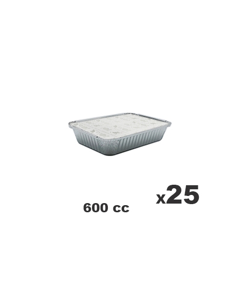 >> Pack de 25 Tarrinas Aluminio + Tapas - CLEAR PACK - Rectangular -  219x127x33 mm - 650 cc