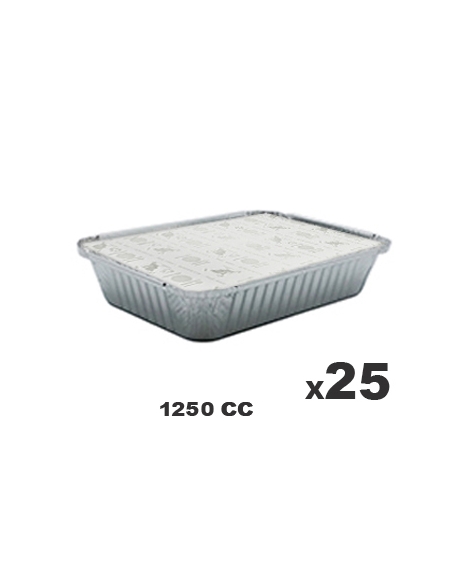 >> Pack de 25 Tarrinas Aluminio + Tapas - CLEAR PACK - Rectangular - 238x160x49 mm - 1250 cc