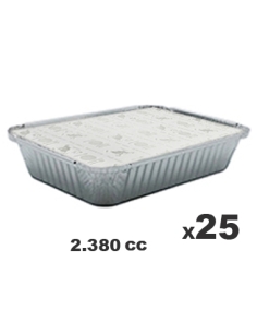 >> Pack de 25 Tarrinas Aluminio + Tapas - CLEAR PACK - Rectangular - 315x215x43 mm - 2380 cc