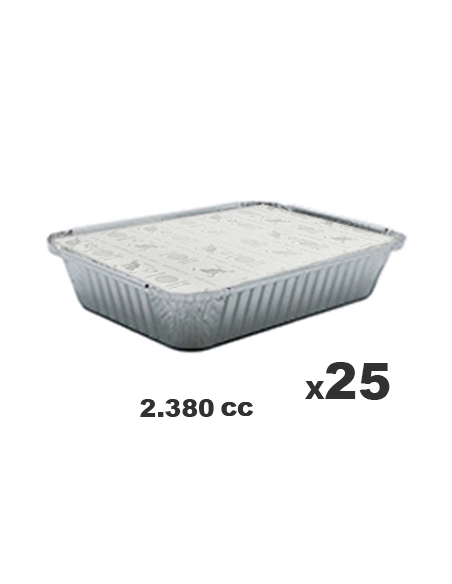 >> Pack de 25 Tarrinas Aluminio + Tapas - CLEAR PACK - Rectangular - 315x215x43 mm - 2380 cc
