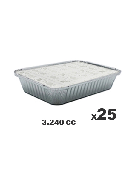Pack de 25 Tarrinas Aluminio + Tapas - CLEAR PACK - Rectangular - 3240  cc