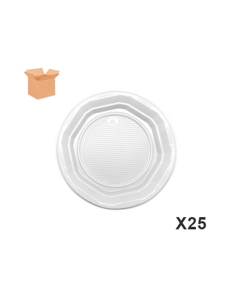 Platos - Plasticos - 17 cm - 6 gr - Blancos - Reutilizables - 25 Unidades ( CAJA DE 20 PAQUETES )