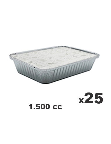 Tarrinas Aluminio + Tapas - CLEAR PACK - Rectangular - 280x180x35 mm - 1500 cc - ( PACK DE 25 )