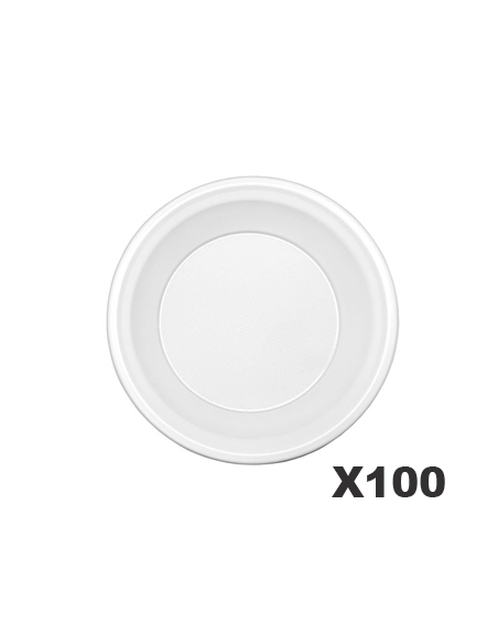 Platos Plasticos - PS - Blanco Redondo - Hondo - 8 gr - 21 cm - ( PAQUETE DE 100 )